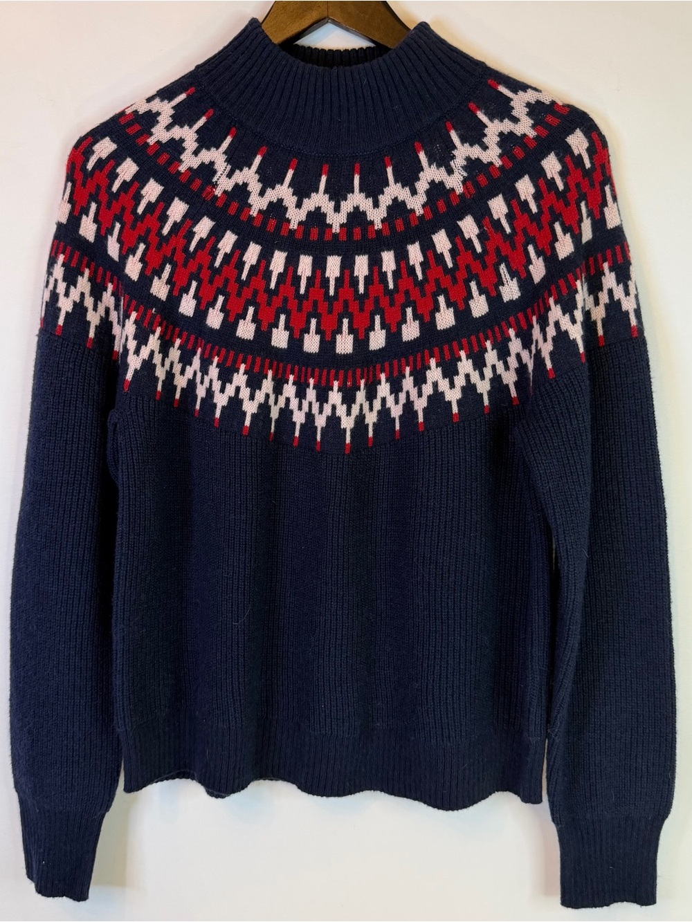 NEW J.Crew Mock Neck Sweater Womens Medium Fair Isle Navy Soft Warm Cozy Nordic
